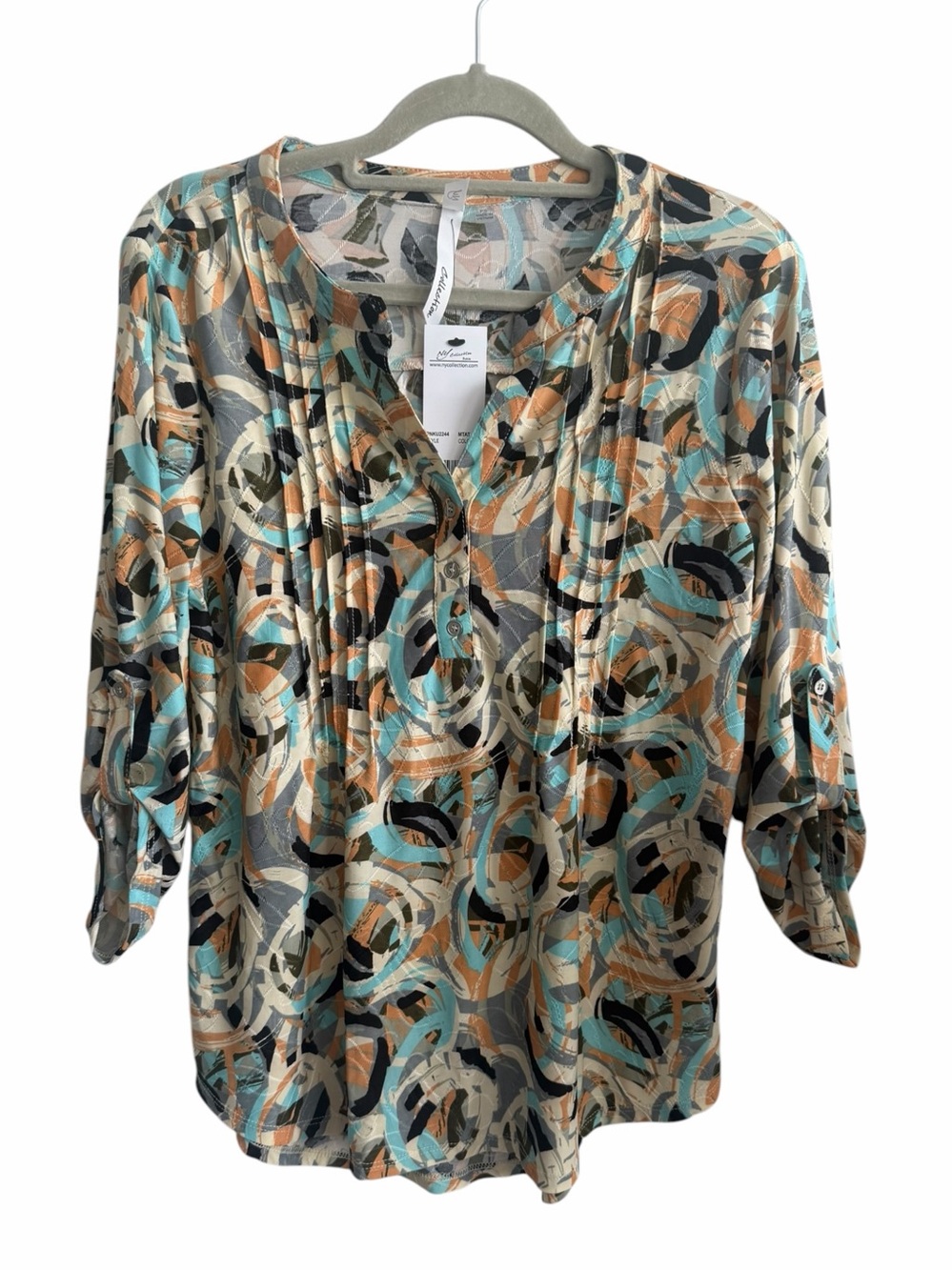 NY Collection Women Size Petite Small Abstract Print Roll TabTop Blouse NWT